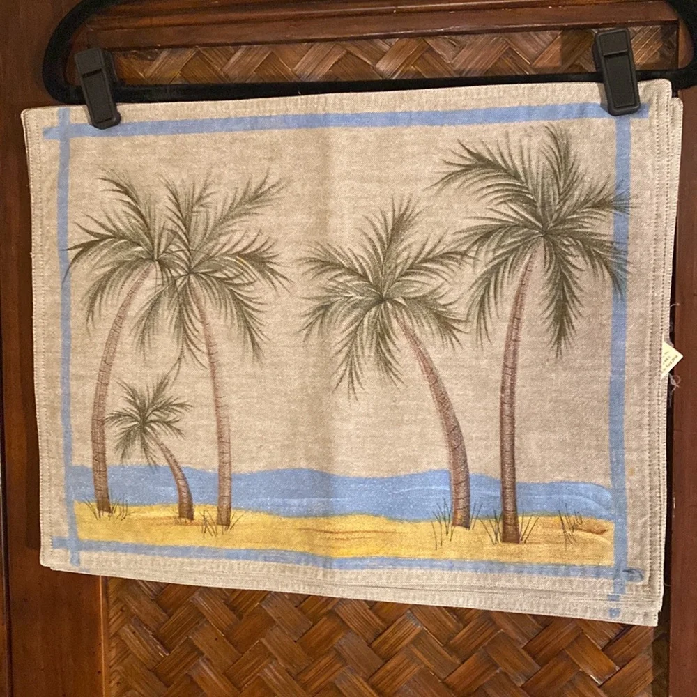 Palm Tree Beach Print Kitchen Towel in Beige and Blue